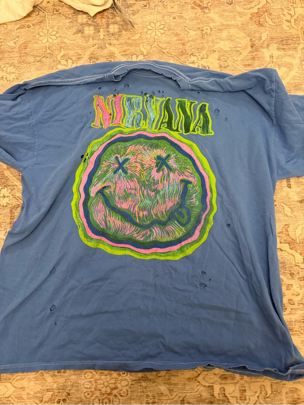 NIRVANA Neon Smiley Short Sleeve Tee - Blue with Pink & Green